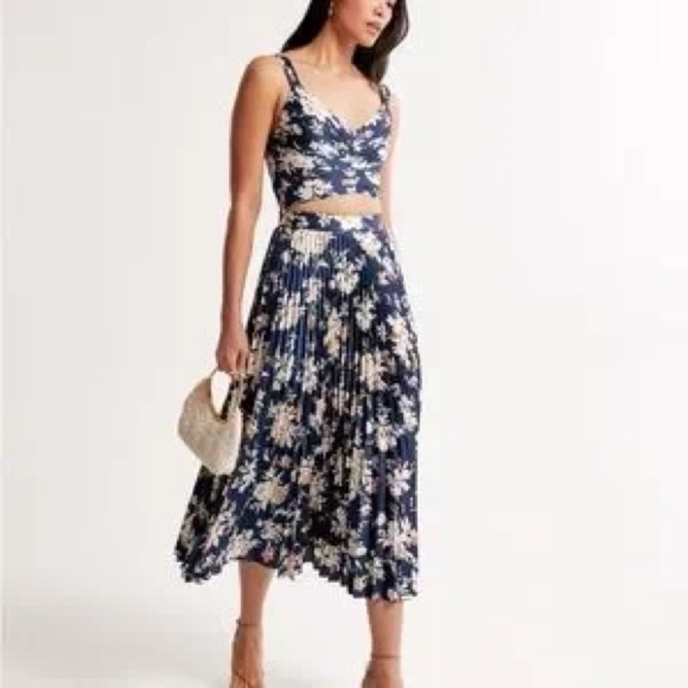 Floral Navy Satin Pleated Set— Top and Skirt
